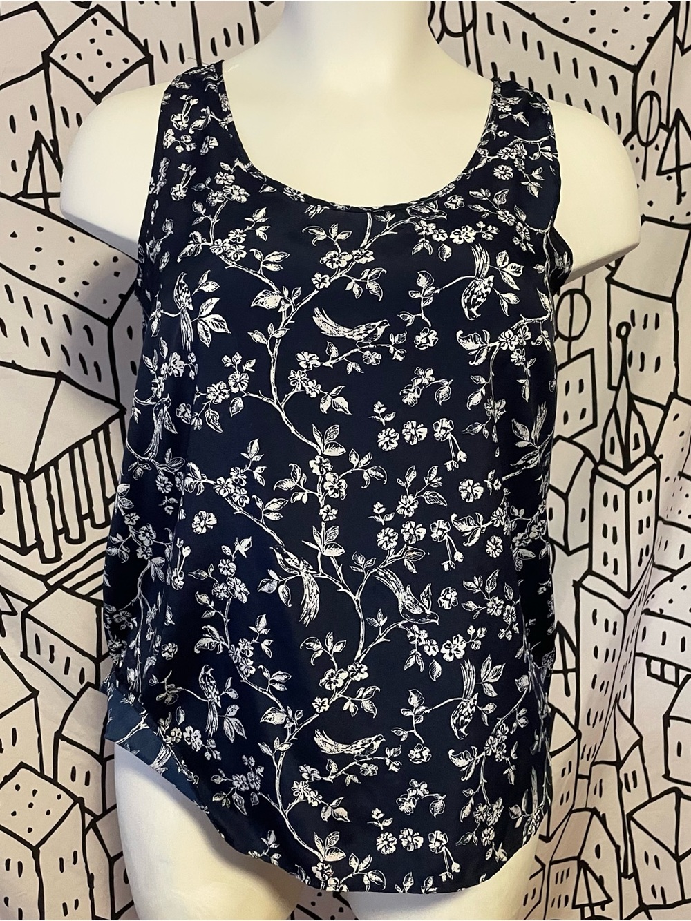 Faded Glory Navy and White Floral Scoop Neck Tank